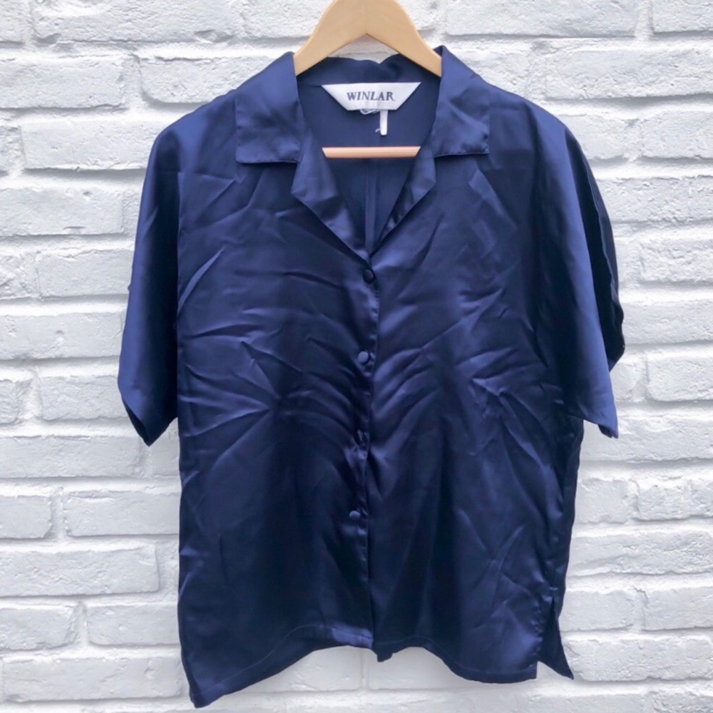 Winlar Navy Blue Satin Pajama Shirt & Pants Set